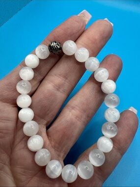 Selenite Beaded Stretch Bracelet with Decorative Silver Accent